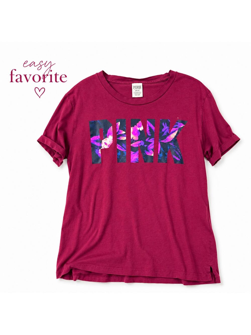 PINK Victoria's Secret Floral Logo Graphic Tee Burgundy Pink Size Medium